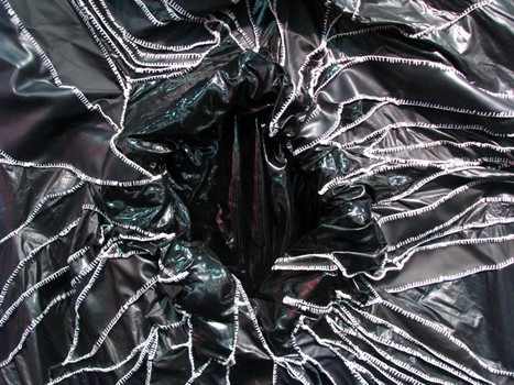 Another work from Vielmetter's display: A large wall sculpture of sewn vinyl by Rodney McMillian sucked the viewer in like an industrial black hole. Nicely done. 